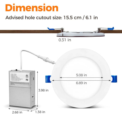 Dimensions of 48 Pack 6 Inch Led Recessed Lights With Night Light, showing hole cutout size and fixture measurements.