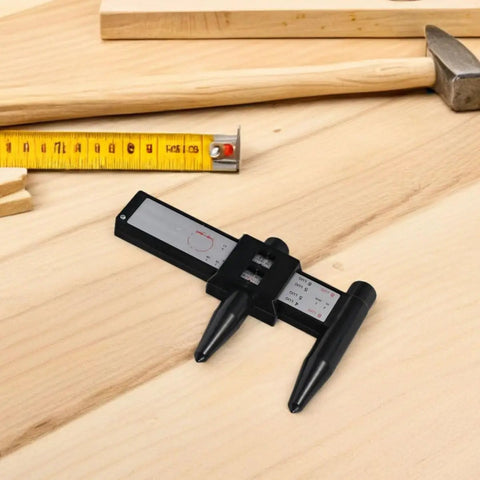 2pcs ABS Wheel Bolt Spacing Tool for Wheel Hub Precision Measurement on wood surface with measuring tape and hammer.