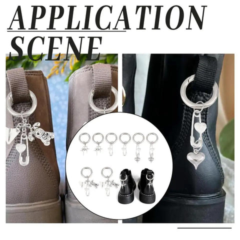 Fresh Safety Pin Shoe Charms With Sturdy Spring Clips And Alloy Badges featuring star and heart designs on boots.