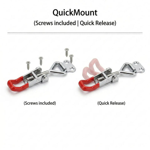 Three Piece Adjustable Toggle Latch 4001 Quick Release Clamp with screws and red handles displayed on a white background.
