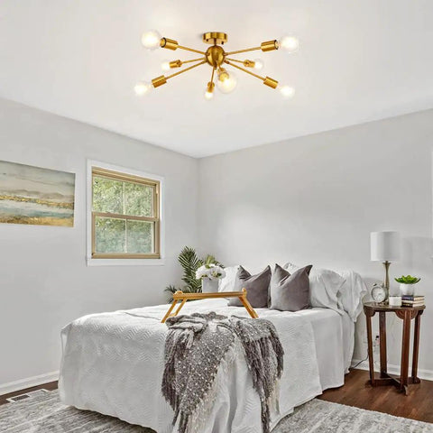 Bedroom with 8 Light Sputnik Ceiling Light Fixture Modern Retro Industrial Chandelier Flush Mount For Kitchen Living Dining Bedroom Hallway Dimmable With LED Edison Compatible Bulbs Not Included 30 Inch Or 38.5 Inch Edison Bulbs 14.2 Inch Height 1.8 Inch Canopy installed on ceiling.