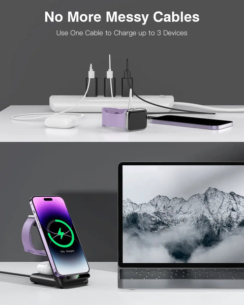 3 In 1 Wireless Charging Dock For Apple Watch Series Ultra Through 3, iPhone 12 Through 17, And AirPods Pro, space-saving setup