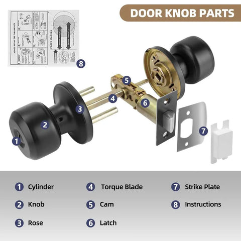 8 Pack Privacy Door Knobs Matte Black Keyless Interior Passage Lockset parts including knob, cylinder, latch, and strike plate