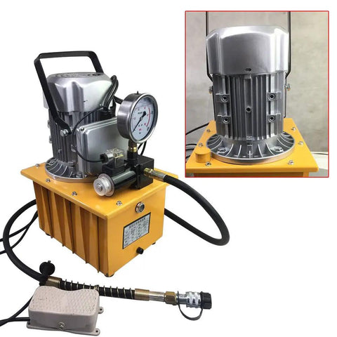 Heavy Duty 750W 110V Electric Hydraulic Pump With 7L Tank And Single Acting Pedal Solenoid Valve Control Kicking Up To Ten Thousand Psi For Solid Daily Grind And Shop Lifts Black showing side view with pressure gauge.
