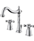 Heritage Widespread Lavatory Faucet With Adjustable 8 To 16 Inch Center, Polished Chrome Finish, Built To Last Brass Construction, Duraseal Washerless Cartridge, 1.2 GPM Flow At 60 PSI, California Title 20 Compliant, 1/2 IPS Connection in polished chrome seen from side view.