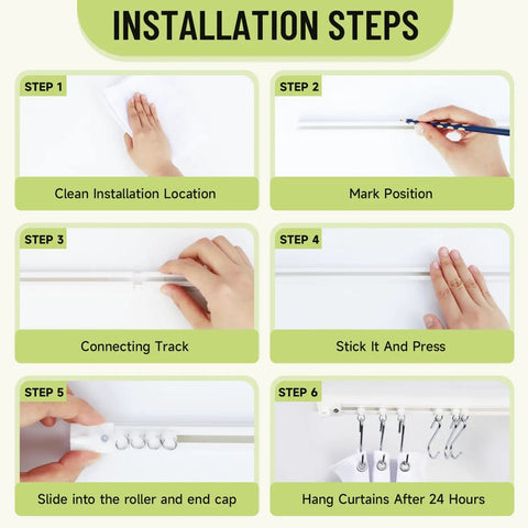 Self Adhesive Ceiling Curtain Track No Drill Curtain Rod For Windows Cabinets Closets Showers And RV Quick Install Damage Free Privacy Ready In Minutes Easy To Use installation steps chart