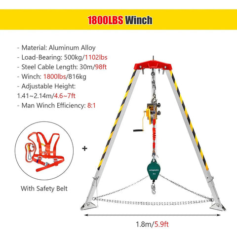 Rock Solid Heavy Duty Confined Space Tripod With 1800 Pound Rescue Winch and Self Locking Fall Arrest System for industrial use.