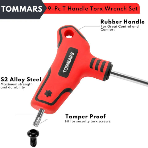 Nine Piece T Handle Torx Wrench Set Tamper Proof T10 To T50 Built From S2 Steel For Maximum Strength Dual Arm Design Lets You Use Short Or Long Reach In Tight Spaces Heavy Duty Pro Grade Tool Set, red T-handle