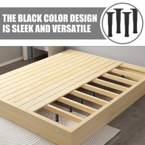 Bed frame with installed Six Piece Adjustable T Shaped Plastic Furniture Support Legs For Beds Sofas Tables And Chairs Easy Install Replacement Feet With Stable Heavy Duty Build And Modern Contemporary Design in black.