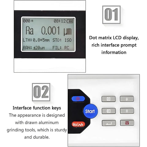 Close-up of Surfaces Roughness Tester Digital Profilometer with LCD Display showing parameters.