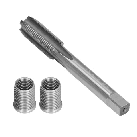 Spark Plug Thread Repair Kit M10x1.25 M12x1.25 Stainless Steel Tap and Die Set with two threaded inserts.
