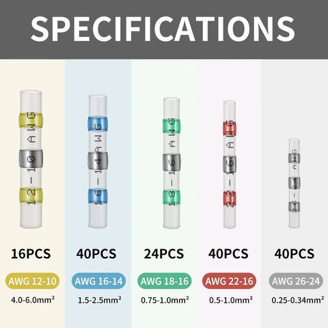 Specifications of Solder Seal Wire Connector Kit 160 Pcs Heat Shrink Electrical Butt Terminals Waterproof for wiring.