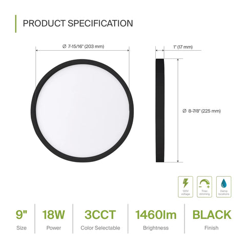 Nine Inch Round Flush Mount LED Light 18W 1460 Lumens Tri Color 3000K 4000K 5000K Dimmable specs diagram