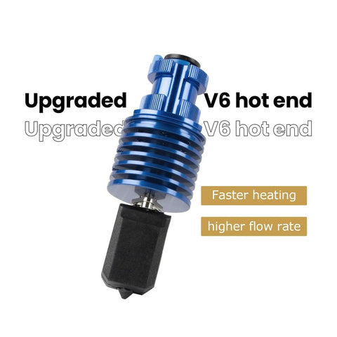 Top Tier V6 Hotend Kit For Creality Ender 3 And Cr10 Plus with blue aluminum heat sink and black nozzle for high flow.