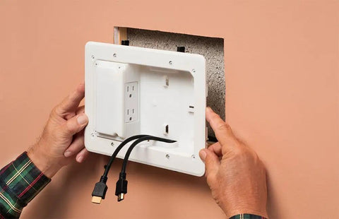 Low Profile TV Bridge Kit For Shallow Walls 8x5 Box Fits 1/2 Inch Or 5/8 Inch Drywall White being installed in wall
