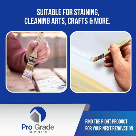 Two images showing Chip Paint Brushes Pack 24 Count 1 Inch Wide With White Bristles And Light Brown Square Trim Handles in use.