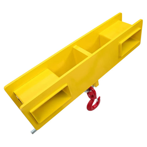 Universal Forklift Lifting Hook With Swivel Head And Two L Screws Built Like A Tank To Handle 4800 Pounds Of Heavy Gear Yellow Powder Coated Steel.
