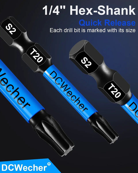 10 Pack 2 Inch T20 Torx Bit Set For Impact Driver Magnetic Star Design Pro Grade S2 Alloy Steel with hex shank, front view