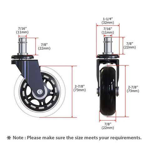Heavy Duty 3 Inch Swivel Caster Wheels With Soft Rubber Tread Quiet Rolling Twin Design For Office Chairs Rolls Like A Dream Smooth Operator showing dimensions and side view.