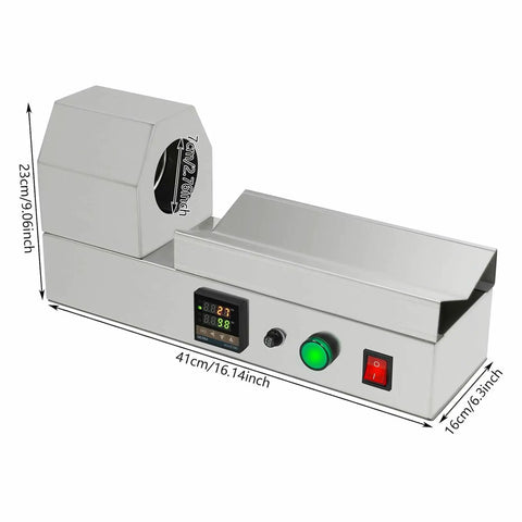 Electric PVC Wine Bottle Capsule Heat Shrinker, Tabletop Label Sealing Machine showing dimensions and control panel for easy use.