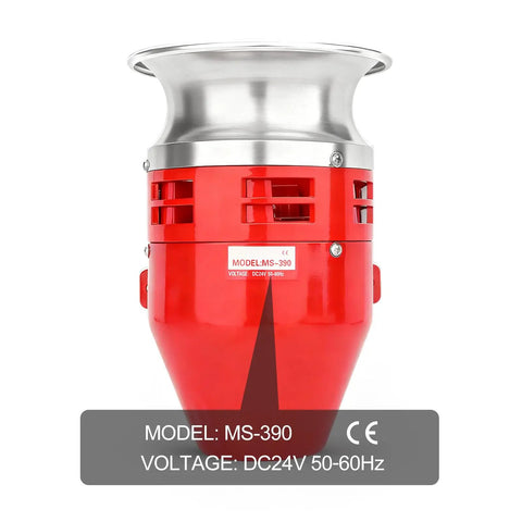 Heavy Duty 24V DC Motor Siren Featuring Rock Solid Metal Housing For Industrial Security And Emergency Warning Systems delivering a clear view of the bright red aluminum siren with model details.
