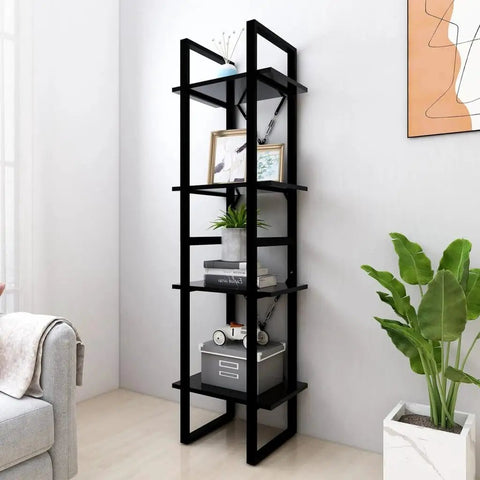 Black Four Tier Book Cabinet With Engineered Wood Shelving Industrial Style Tall Bookshelf For Living Room Or Home Office Durable Storage For Books Mags And Decor 55.1 Inch Tall in a modern living room setting.