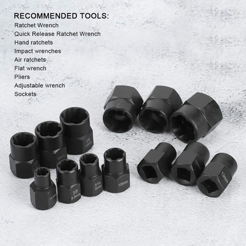 Heavy Duty Extractor Socket Tool Kit For Stubborn Bolt And Nut Removal Featuring Reverse Spiral Flutes And Ridiculous Grip Strength, 13 pcs chrome vanadium sockets.