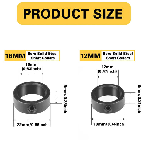 Image showing 16mm and 12mm bore sizes of 8 Pack 5/8 Inch Bore Solid Steel Shaft Collars With Zinc Plated Coating for machinery.