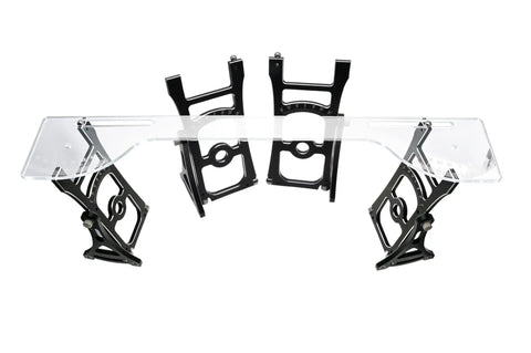 One Eighth Scale RC Car Setup Stand and Alignment Kit, CNC Aluminum Chassis Fixture for Precise Toe, Camber, and Ackerman Tweaks, Beefy RC Tool for Off Road Buggy Upgrades with foldable components.