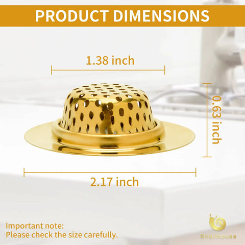 Heavy Duty Stainless Steel Bathroom Sink Strainers 2 Pack Anti Clog Mesh Drain Screen dimensions shown with gold finish.