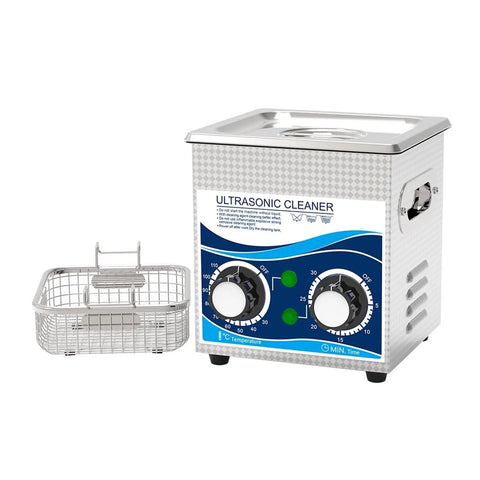 Heavy Duty 1.3L Ultrasonic Cleaner Machine With Cooling Fan And Double Safety Switch, includes basket, for parts cleaning.