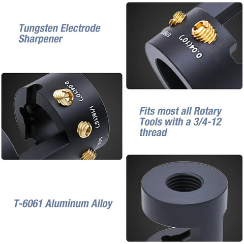 Aluminum TIG Tungsten Electrode Sharpener with Cut Off Slot, multi angle offsets, featuring brass screw holes and CNC design.