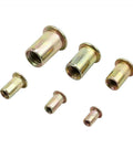 Jinhxofs Carbon Steel Flat Head Threaded Rivet Nut Insert Assortment Metric Cap Set With 150 Pieces, featuring assorted sizes of threaded inserts.