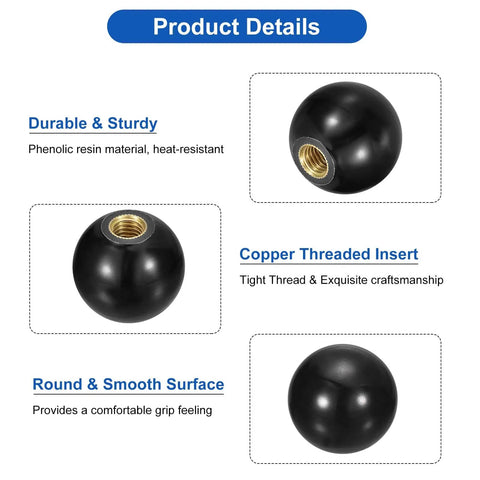 Heavy Duty M8 Female Threaded Ball Knob With Copper Insert, 32mm Dia 1.25 Pitch Thermoset Ball Handle For Machine Levers Black
