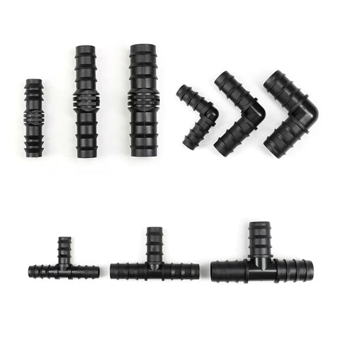 PE Pipe Joint Tee Straight Elbow Plug Greenhouse Irrigation Fittings Set For Micro Spray Hose Connectors 16mm 20mm 25mm Tee Elbow Bulk 50 Pieces DIY Garden Watering Kit black plastic connectors shown in straight, elbow and tee shapes