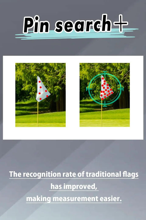 Pocket Friendly Golf Laser Rangefinder With Slope Toggle And Pin Lock Mode Delivers Dead On Readings Up To A Fresh 1000 Yards Across Any Fairway Featuring crisp LCD Screen and super dope black build for weekend warriors. Image shows golf flag with red dots and measurement crosshair overlay.