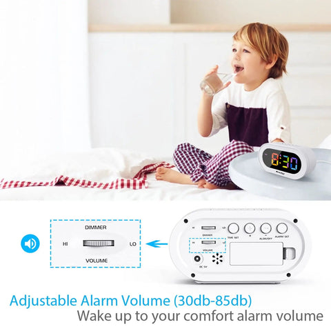 Snazzy Compact Colorful LED Digital Alarm Clock With Adjustable Brightness Dimmer And Volume Slider Smooth Snooze Button on bedside.