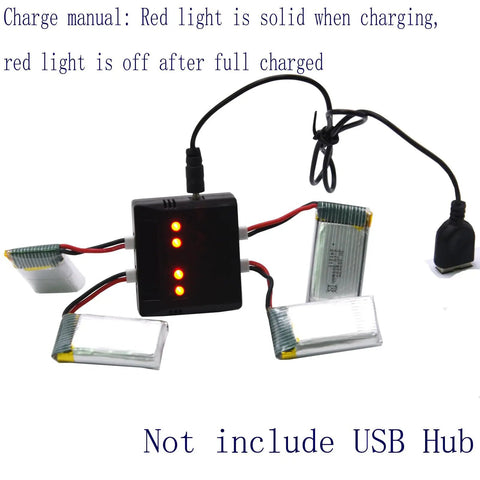 4 Pack 3.7V 500mAh LiPo Batteries With MX2.0 Plug And 4 Port USB Charger Box charging setup with indicator lights