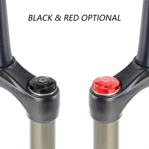 Bike Air Valve Top Cap For Front Fork Suspension Aluminum Alloy Shield Protective Cover For Mountain Bike And Road Bike MTB Easy Install Black Tool Free Tough As Nails Construction For Most Mountain And Road Forks in black and red options.