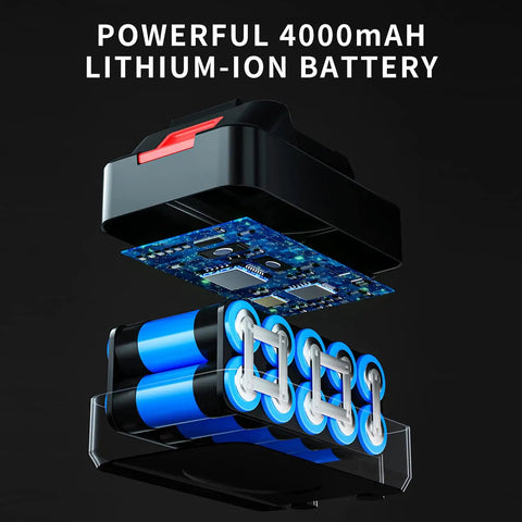 Exploded view of powerful 4000mAh lithium-ion battery for Cordless Half Inch Brushless Impact Wrench Kit With 450 Foot Pounds Torque.