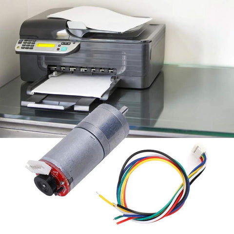 12V Encoder Gear Motor for Robotics shown with printer in background