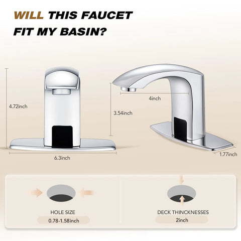 Diagram of Commercial Touchless Bathroom Sink Faucet With Hot And Cold Water Sensor Mixer Motion Activated Water Flow No Touch Hygiene High Quality H59 Brass With Chrome Finish Includes Mixing Valve And Cover Plate showing dimensions and installation fit