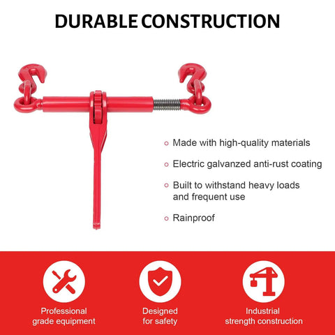 Four Pack Chain Load Binders With Grappling Hook One Quarter To Five Sixteenth Inch Ratchet Tie Downs, red with durability features.