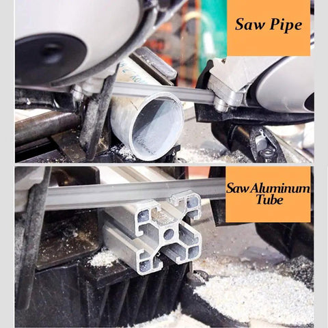Portable Band Saw Workhorse With Upgraded Removable Alloy Steel Base for Smooth 45 Degree to 90 Degree Metal Cutting, 10A 1100W Motor in use cutting steel and aluminum pipes, includes 0.020 by 44 7 eighth inch 14 TPI blade and LED spotlight for steel aluminum PVC.