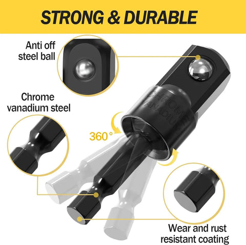 Four Piece Power Drill Sockets Adapter Set With 360 Degree Rotatable Extensions shown in chrome vanadium steel with details
