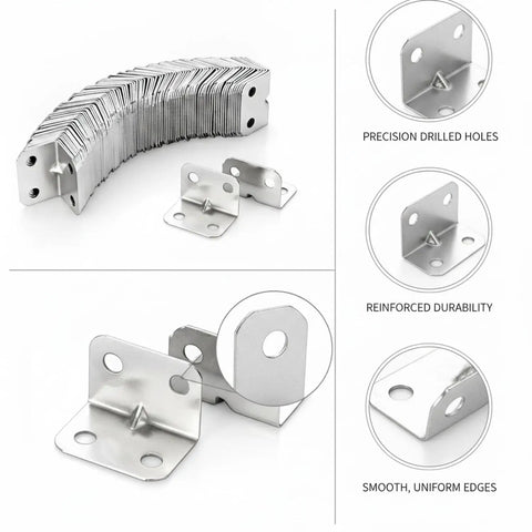 Tough As Nails Heavy Duty 90 Degree Corner Bracket Built From Cold Rolled Steel, silver finish, illustrating precise holes and durability.