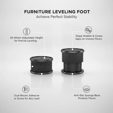 Adjustable Furniture Leveling Foot For Cabinets Desks And Tables Black PP Plastic Base With Grippy Sponge Pad Adhesive Or Screw Mount