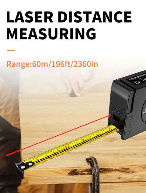 Beast 3 In 1 Laser Tape Measure With Digital Tape Mode And Pythagorean Calculations 196 Ft Laser Range 60 M 16 Ft Digital Tape Regular Tape Area And Volume Calculator Rechargeable For Diy Projects. Black laser tape measure with yellow tape extended on wood surface