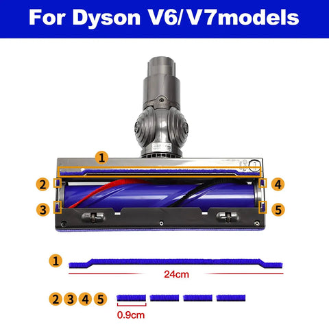 Soft Plush Strips Plus Front Roller Axle Replacement Kit for Dyson V6 V7, shown with measurements for cleaner head fit