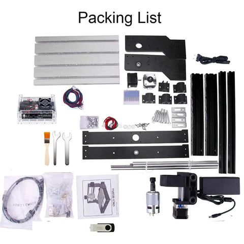 Packing list for 3018-PRO Desktop CNC Router Kit With USB 3 Axis Engraver, components displayed on white background